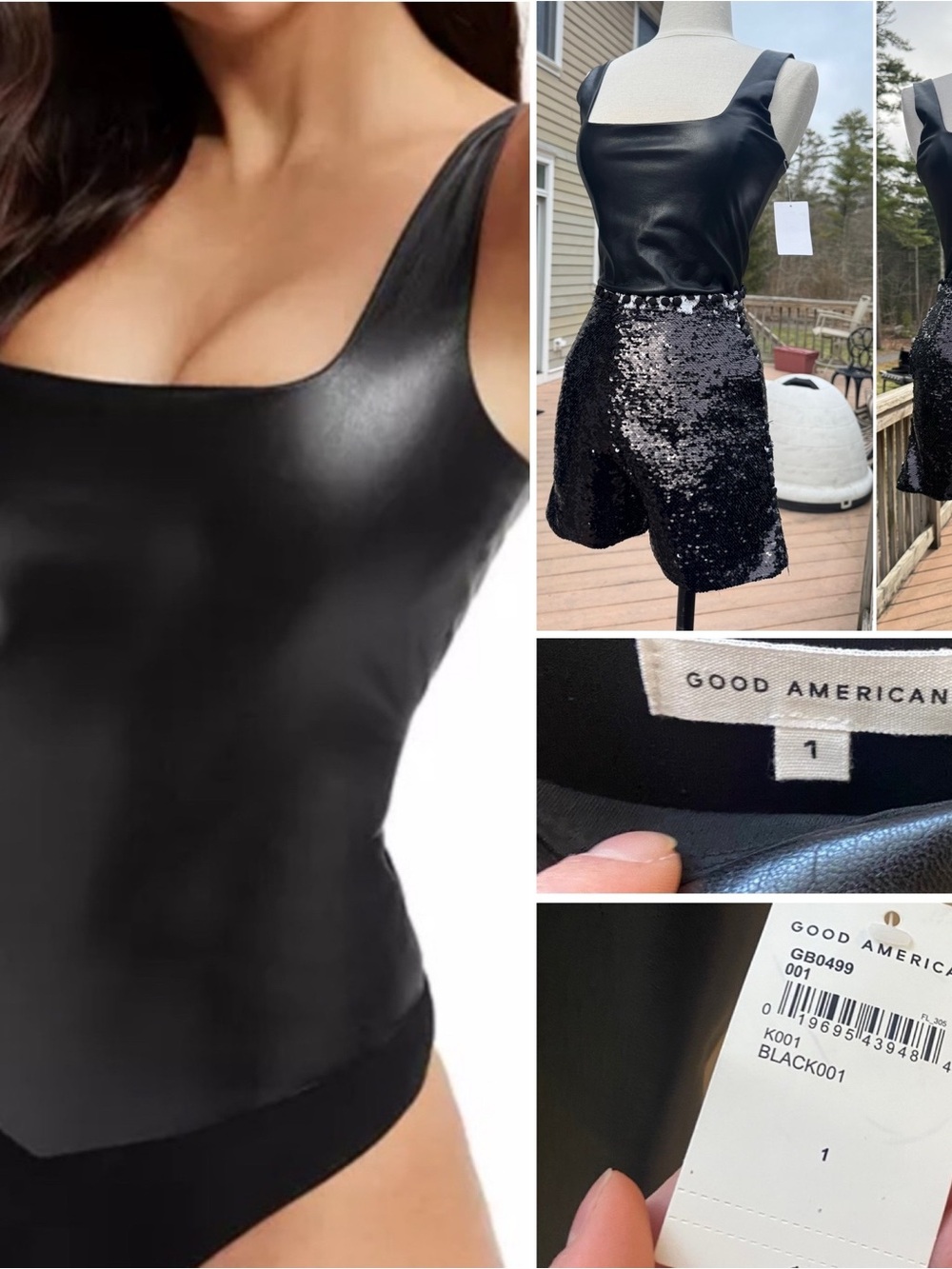 Good American Black Faux Leather Tank Bodysuit